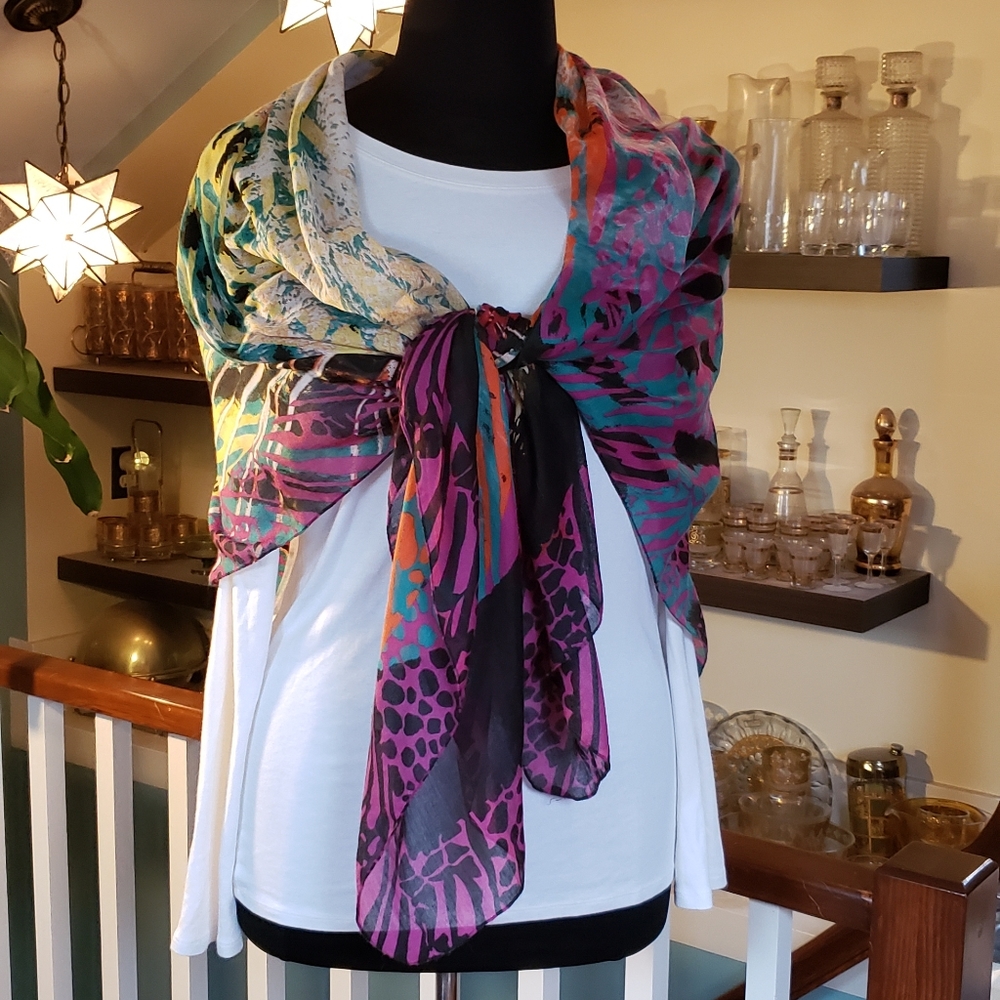 Large Leopard Sillouett Sheer  Colorful Shawl Scarf